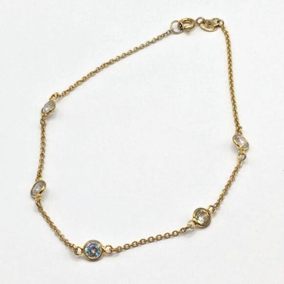 Gold Over Sterling Silver 925 Crystal Station Chain Anklet Ankle Bracelet - Picture 1 of 6